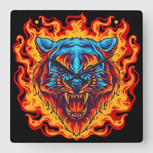 Tiger On Fire Square Wall Clock (Front)