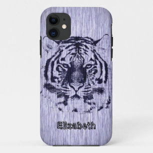 Tiger on Grey Wood Grain iPhone 11 Case