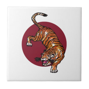 Tiger on Red Circle Ceramic Tile