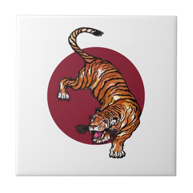 Tiger on Red Circle Ceramic Tile (Front)