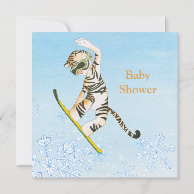 Tiger on Snowboard Baby Shower invitation card (Front)