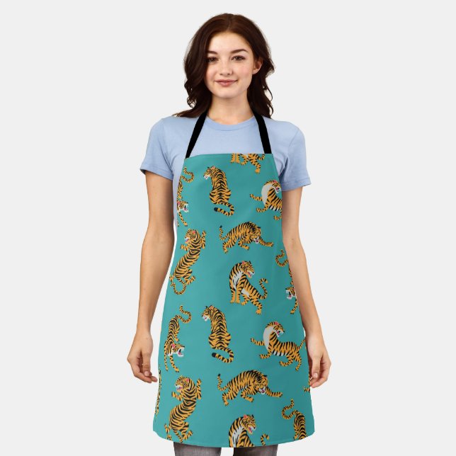 Tiger on Teal Pattern Apron (Worn)