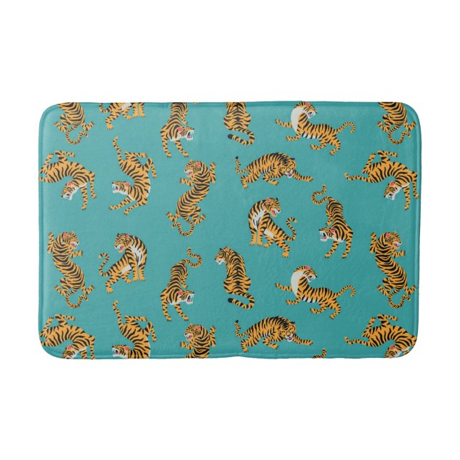 Tiger on Teal Pattern Bath Mat (Front)