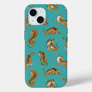 Tiger on Teal Pattern iPhone 15 Case