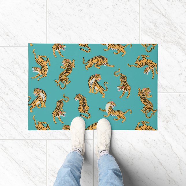 Tiger on Teal Pattern Doormat (Indoor)