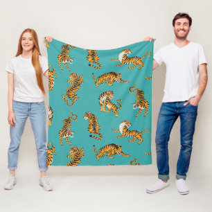 Tiger on Teal Pattern Fleece Blanket
