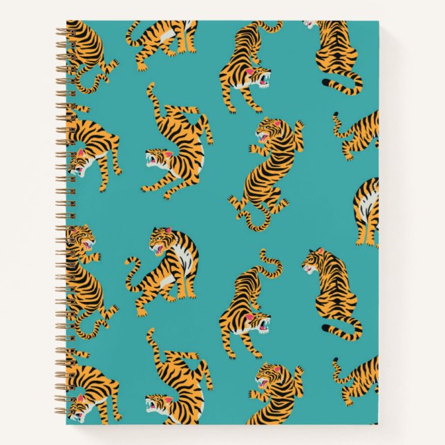 Tiger on Teal Pattern Notebook (Front)