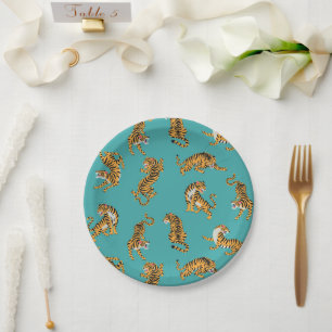 Tiger on Teal Pattern Paper Plate