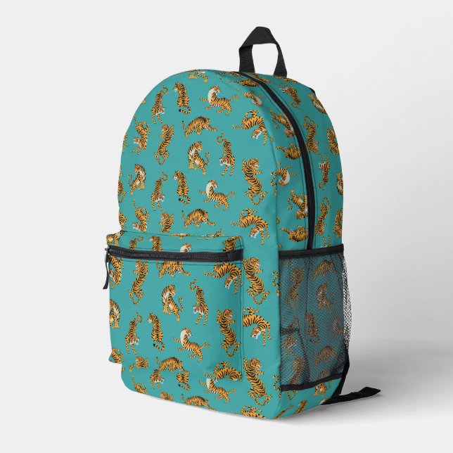 Tiger on Teal Pattern Printed Backpack (Back Corner Right)