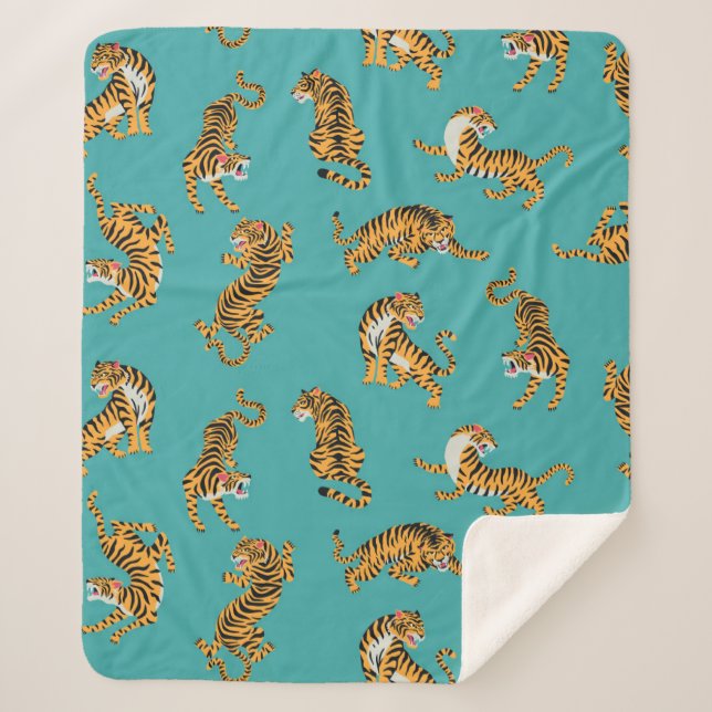 Tiger on Teal Pattern Sherpa Blanket (Front)
