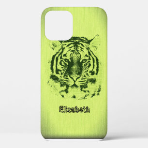 Tiger on Yellow Green Wood Grain iPhone 12 Pro Case