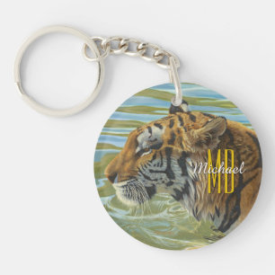 Tiger Painting, Personalise Monogram & Script Name Key Ring