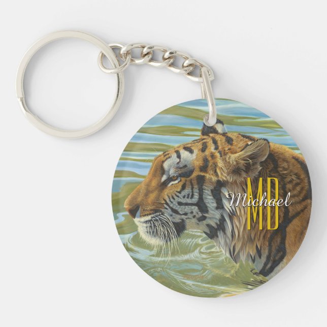Tiger Painting, Personalise Monogram & Script Name Key Ring (Front)