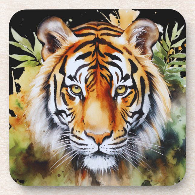 Tiger Pastel Flowers Safari Watercolor Savannah Coaster (Front)