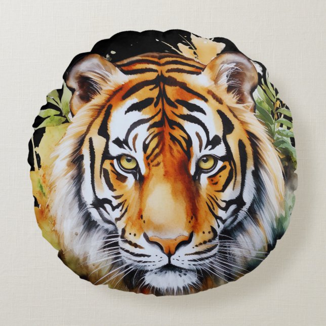 Tiger Pastel Flowers Safari Watercolor Savannah Round Cushion (Front)
