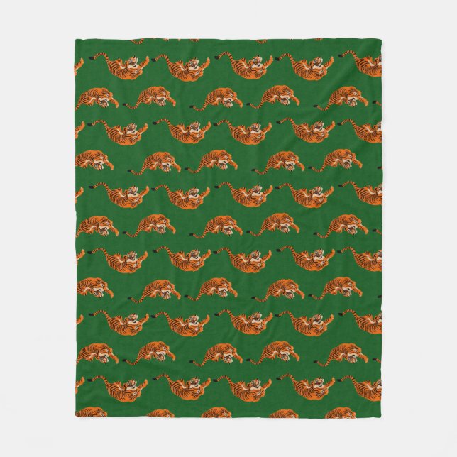 Tiger Pattern with Green Background Fleece Blanket (Front)