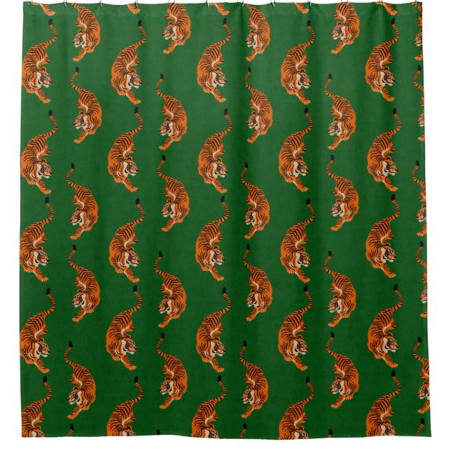 Tiger Pattern with Green Background Shower Curtain (Front)