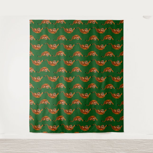 Tiger Pattern with Green Background Tapestry (Front)