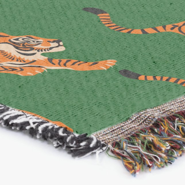 Tiger Pattern with Green Background Throw Blanket (Corner)