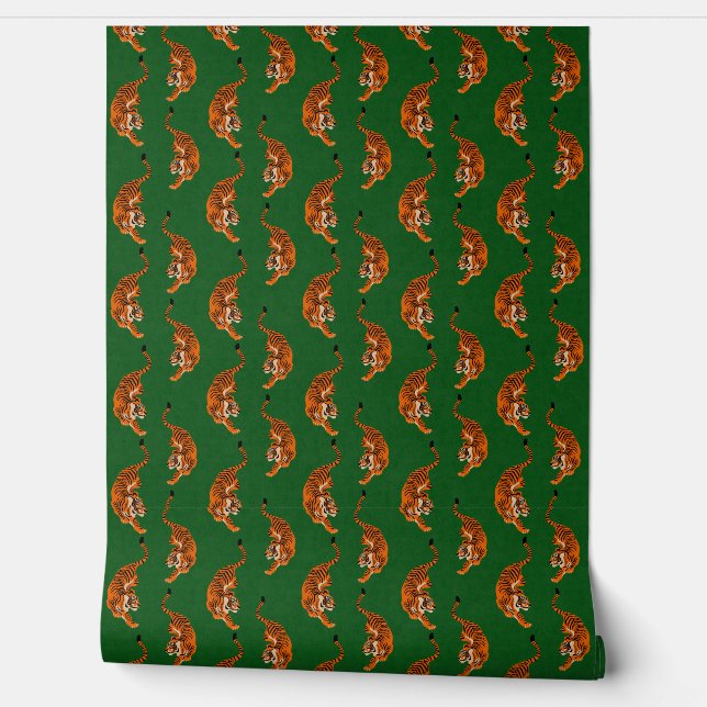 Tiger Pattern with Green Background Wallpaper (Unrolling)