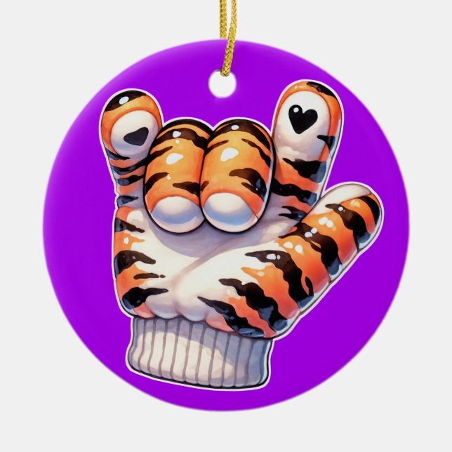 Tiger Paw ASL I LOVE YOU - SEE BACK!  Ceramic Ornament (Front)
