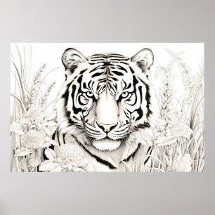 Tiger Peaceful Nature Prairie Sketch Drawing Style Poster