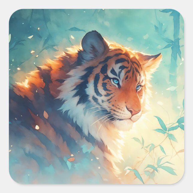 Tiger Peeking Through Teal Bamboo Forest Square Sticker (Front)