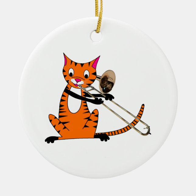 Tiger Playing the Trombone Ceramic Ornament (Front)