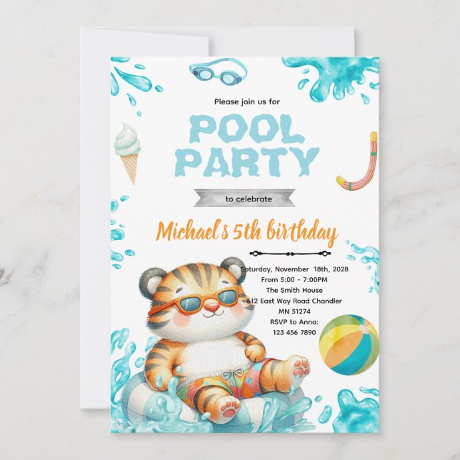 Tiger Pool Party Birthday Invitation (Front)