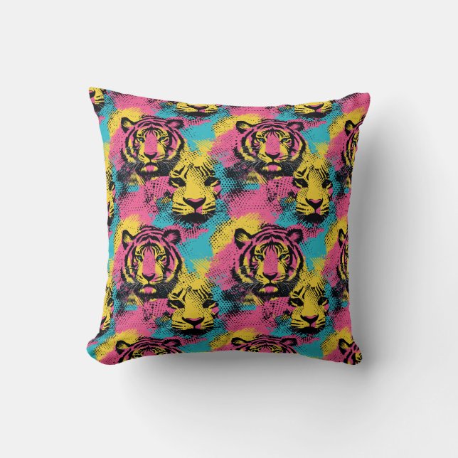 Tiger Pop Art Pattern in Pink, Yellow and Blue Cushion (Front)