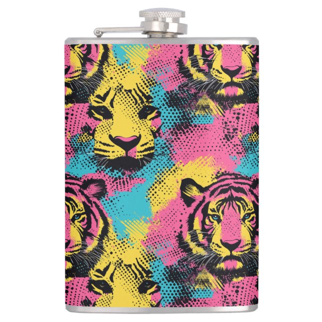 Tiger Pop Art Pattern in Pink, Yellow and Blue Hip Flask (Front)