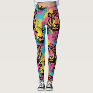 Tiger Pop Art Pattern in Pink, Yellow and Blue Leggings