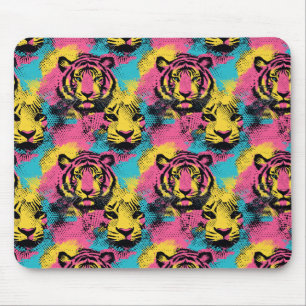 Tiger Pop Art Pattern in Pink, Yellow and Blue Mouse Pad