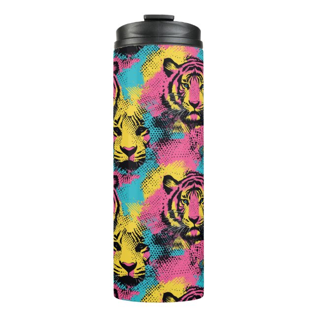 Tiger Pop Art Pattern in Pink, Yellow and Blue Thermal Tumbler (Front)