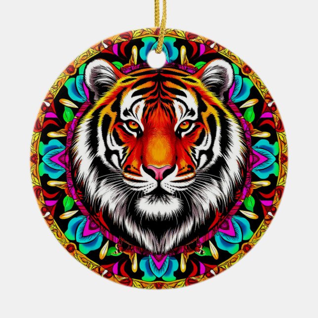 Tiger Portrait with Mandala Design Ceramic Ornament (Front)