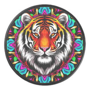 Tiger Portrait with Mandala Design Hockey Puck