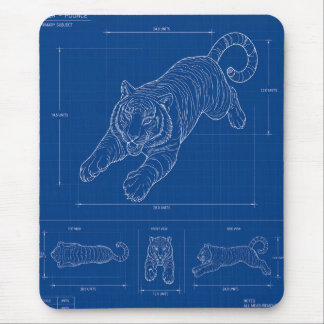 Tiger Pounce Blueprint – Technical Line Art Poster Mouse Pad
