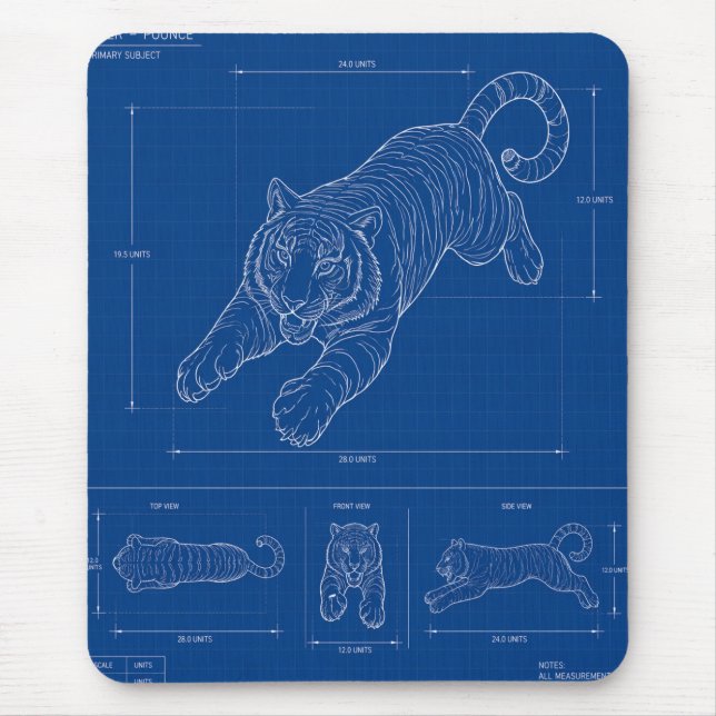 Tiger Pounce Blueprint – Technical Line Art Poster Mouse Pad (Front)
