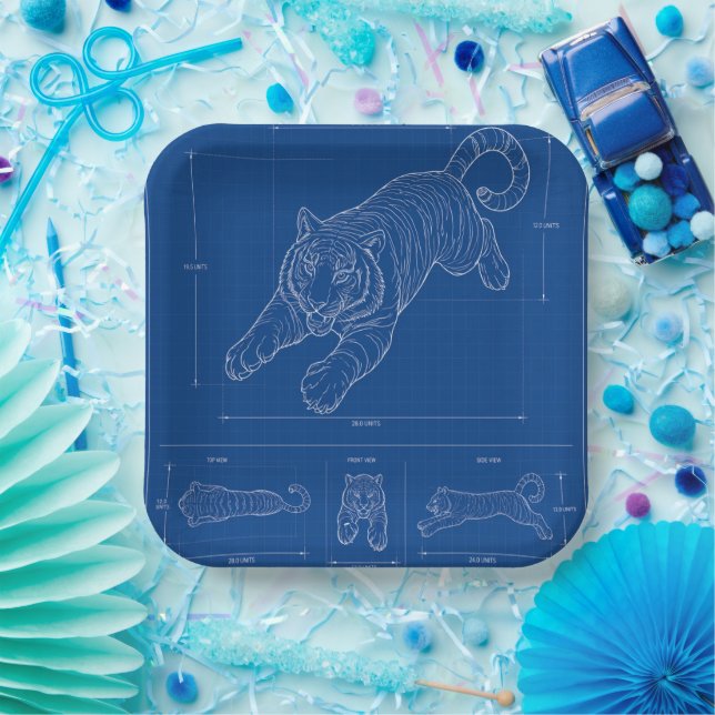 Tiger Pounce Blueprint – Technical Line Paper Plate (Party)