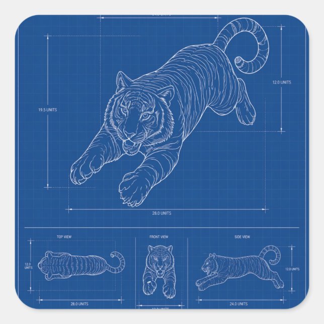 Tiger Pounce Blueprint – Technical Line Square Sticker (Front)