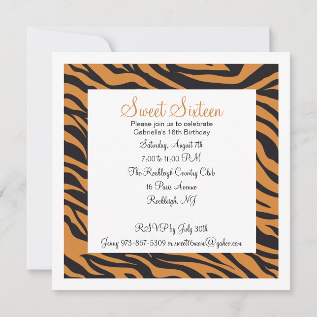 Tiger Print Girls Sixteenth Birthday Invite (Front)
