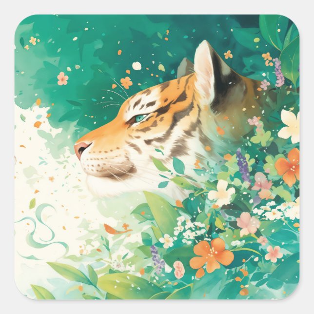 Tiger Profile Peeking Through Botanical Garden Square Sticker (Front)