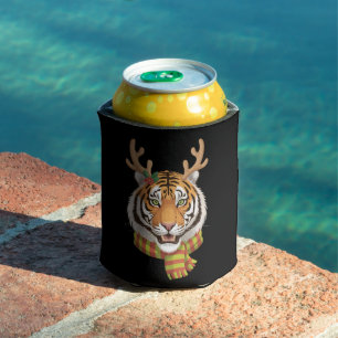 Tiger Reindeer Christmas Animal With Antlers Xmas Can Cooler