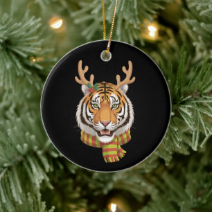 Tiger Reindeer Christmas Animal With Antlers Xmas Ceramic Ornament