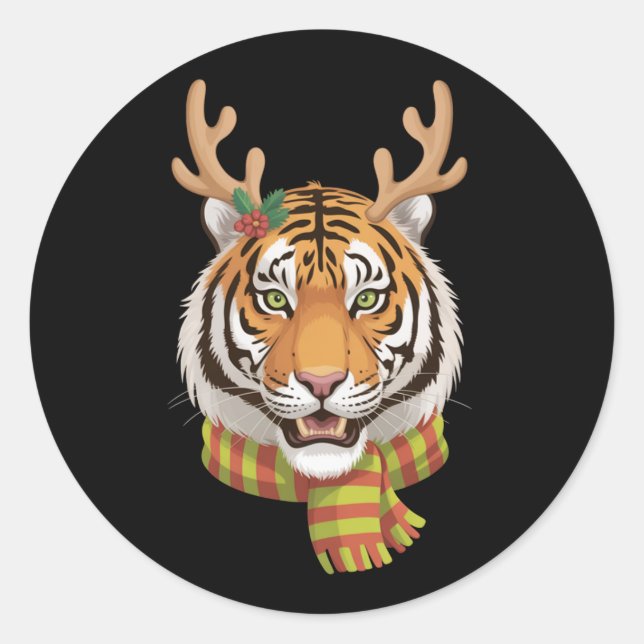 Tiger Reindeer Christmas Animal With Antlers Xmas  Classic Round Sticker (Front)