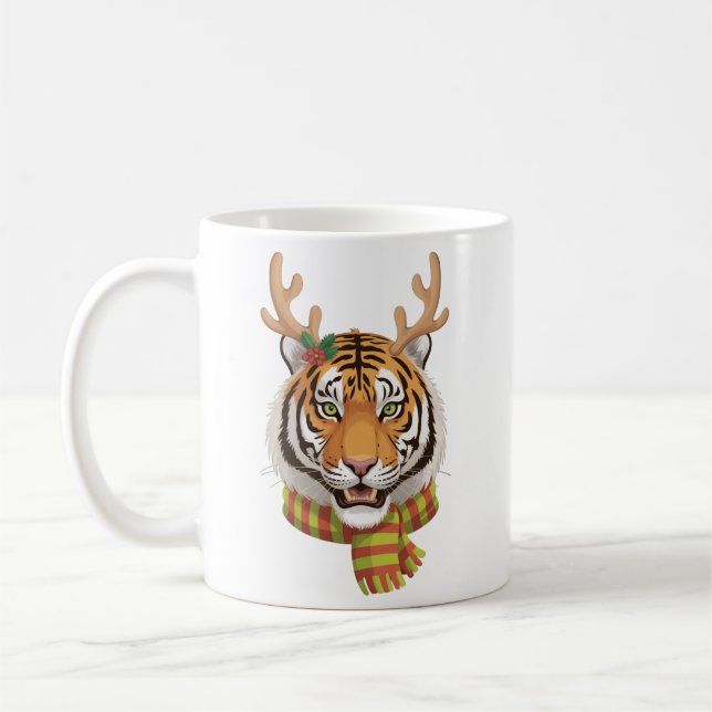 Tiger Reindeer Christmas Animal With Antlers Xmas  Coffee Mug (Left)