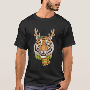 Tiger Reindeer Christmas Animal With Antlers Xmas T-Shirt