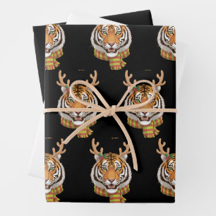Tiger Reindeer Christmas Animal With Antlers Xmas Wrapping Paper Sheet