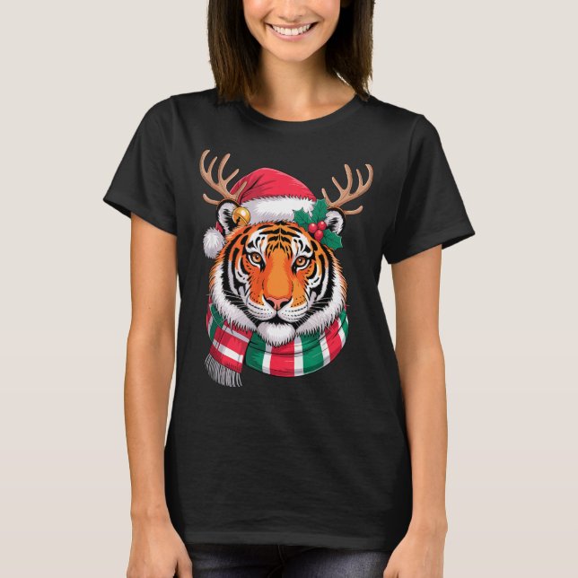 Tiger Reindeer Christmas Santa Hat Tiger Xmas  T-Shirt (Front)