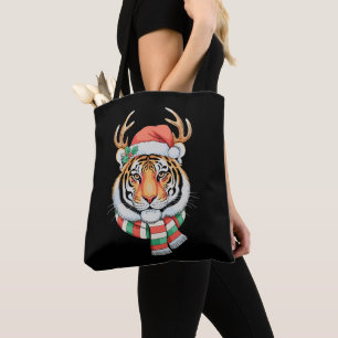 Tiger Reindeer Christmas Santa Hat Xmas Holiday Tote Bag